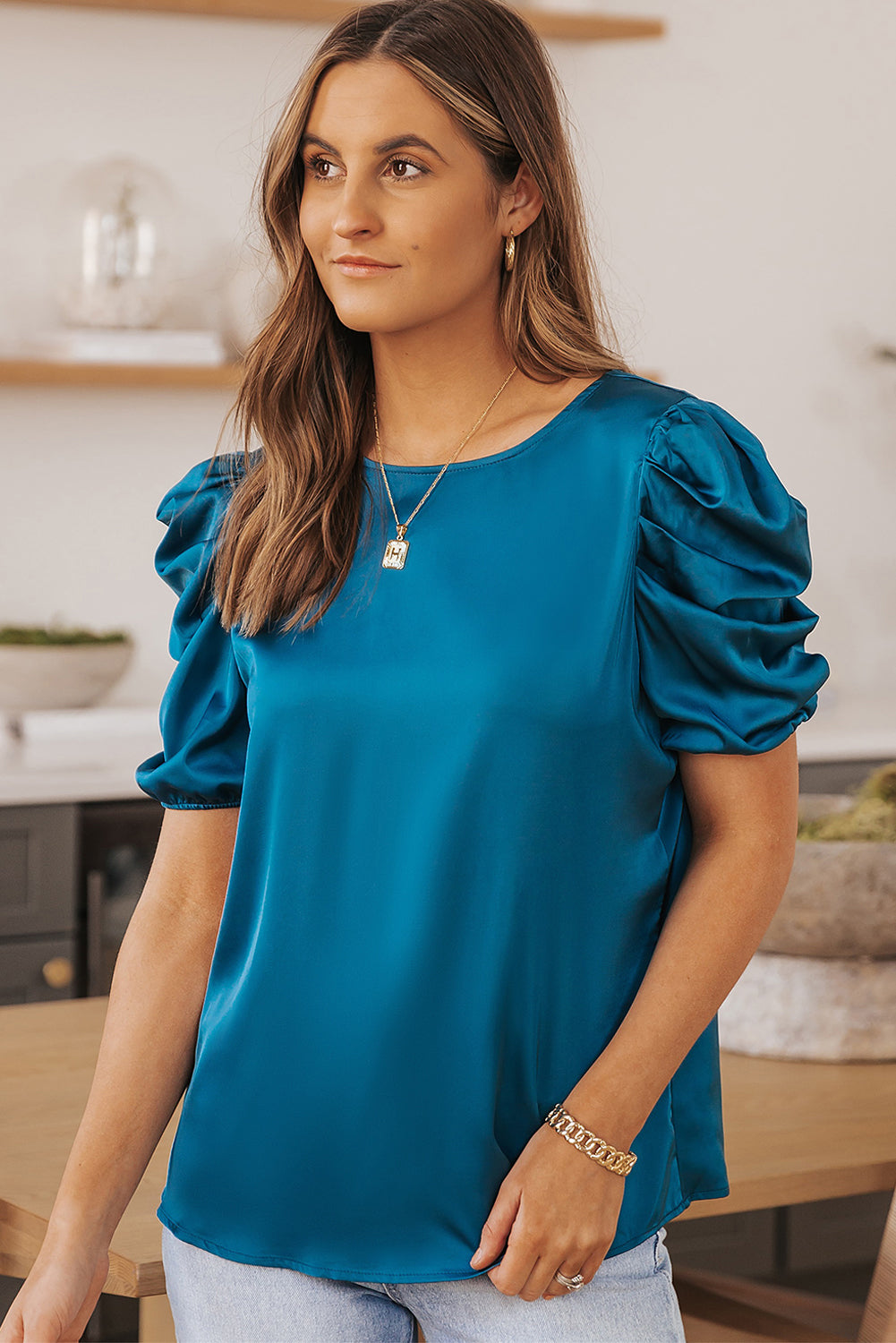 Blue/Dark Blue Ruched Puff Short Sleeve Satin Top