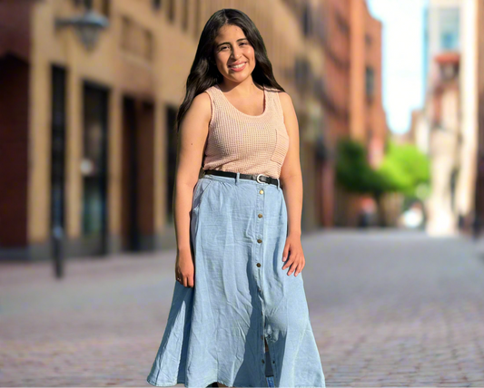 Summer Ready Style. Mist Blue Long Maxi Skirt. Fully buttoned on the front. A must have. 