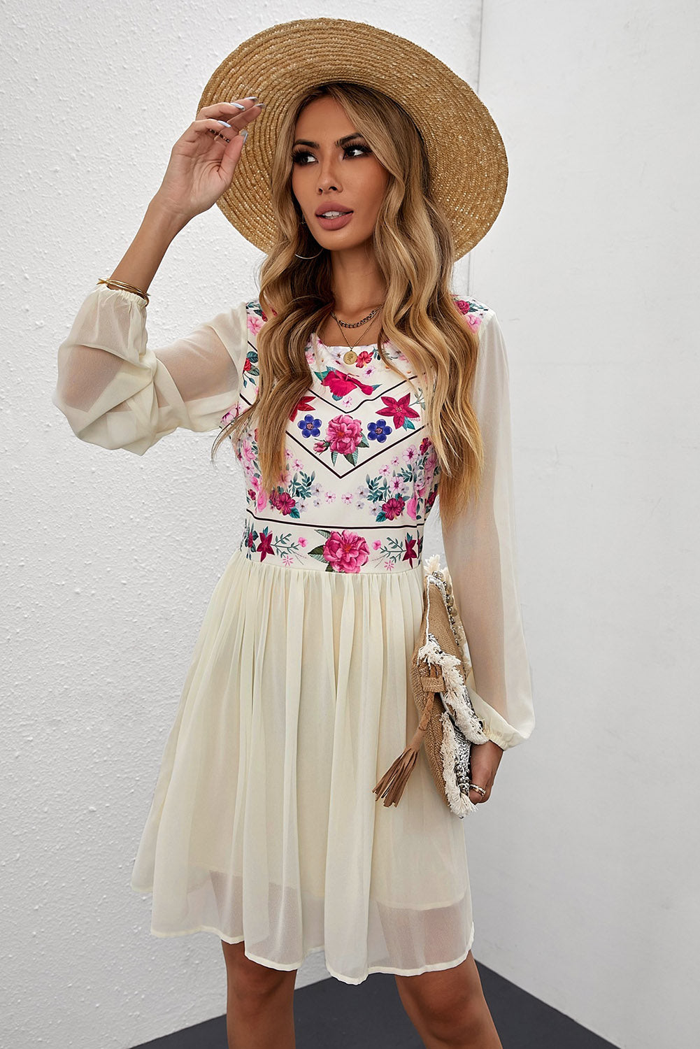 Ivory Floral Mesh Splicing Lined Flowy Dress