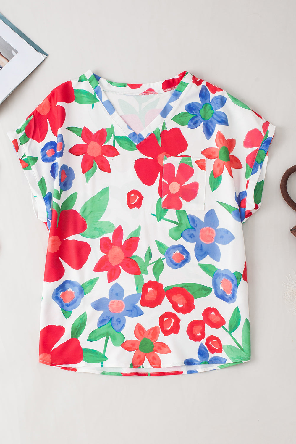 Flower Print Chest Pocket V Neck Top