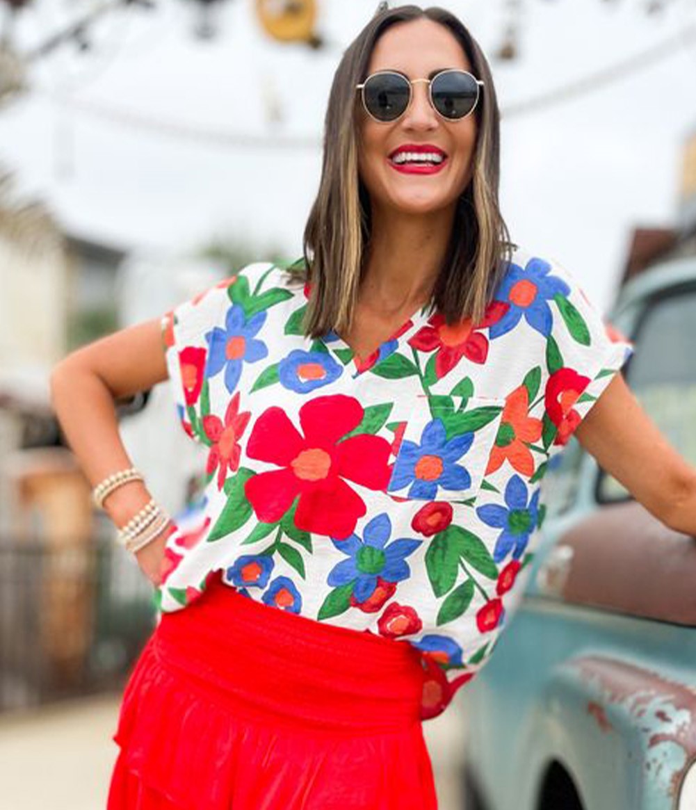 Flower Print Chest Pocket V Neck Top