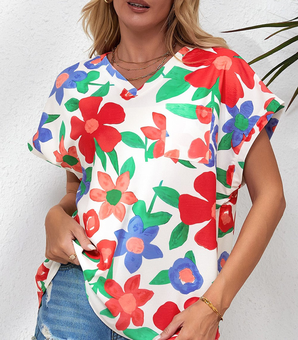 Flower Print Chest Pocket V Neck Top