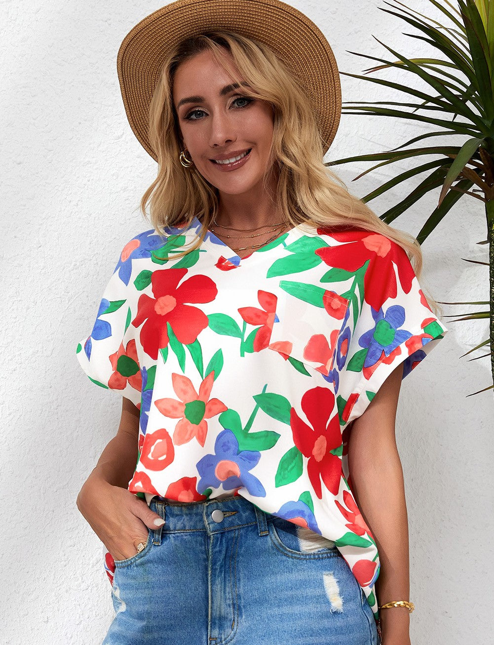 Flower Print Chest Pocket V Neck Top