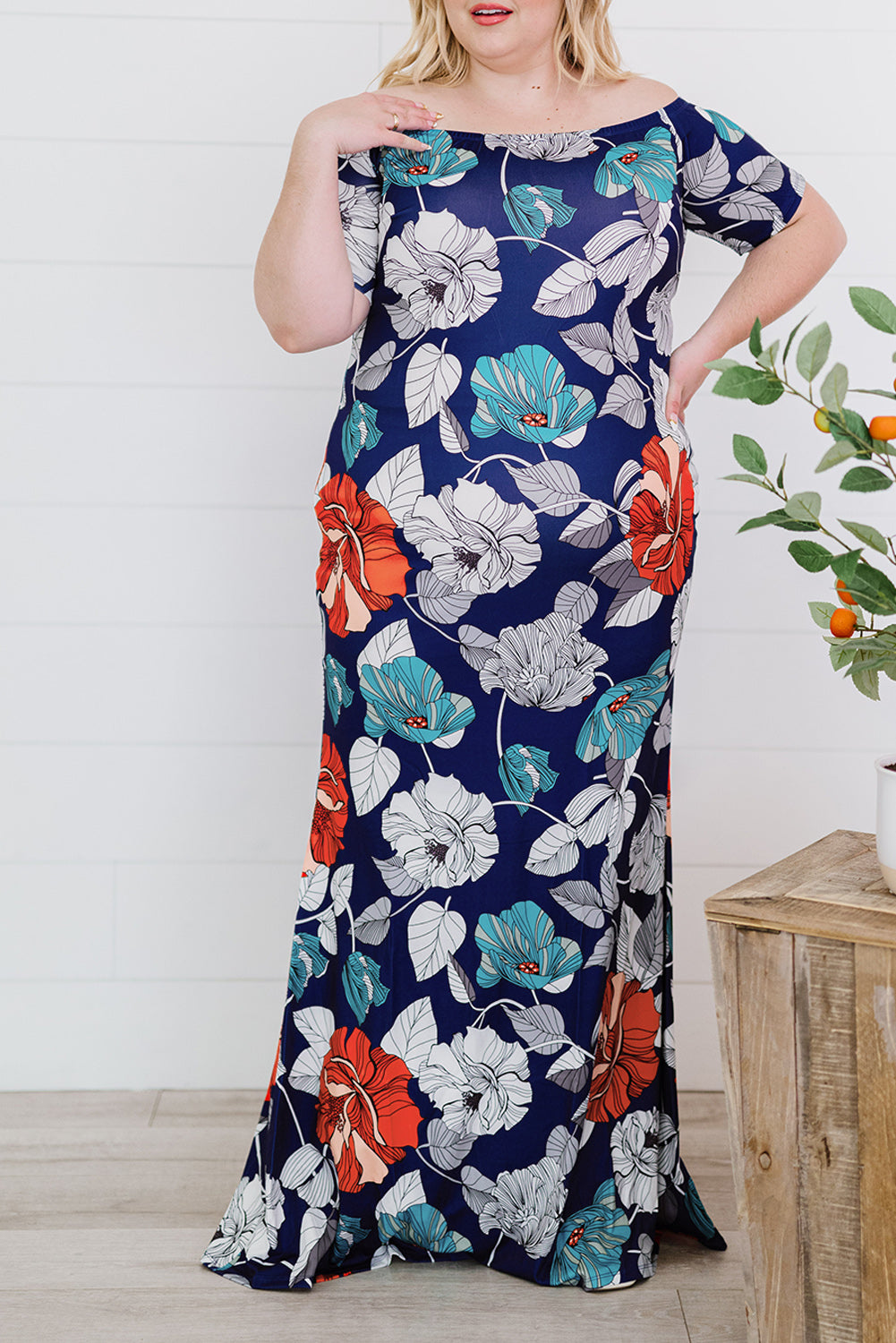 Blue Green Floral Print Plus size Maxi Dress