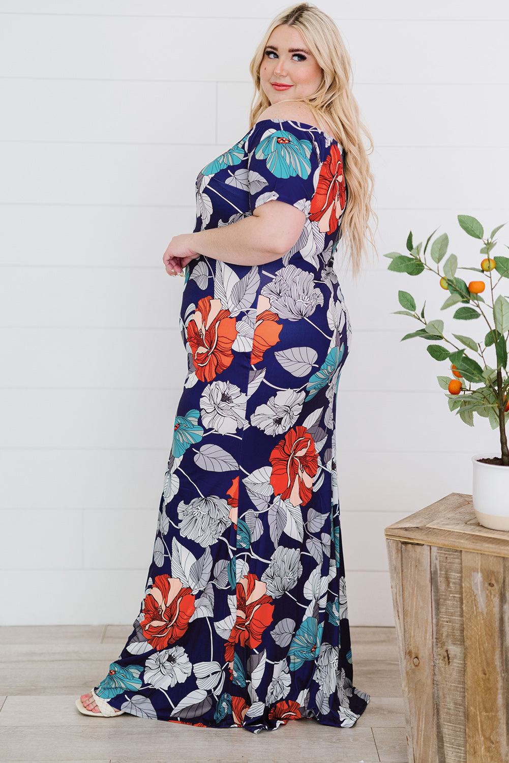 Blue Green Floral Print Plus size Maxi Dress