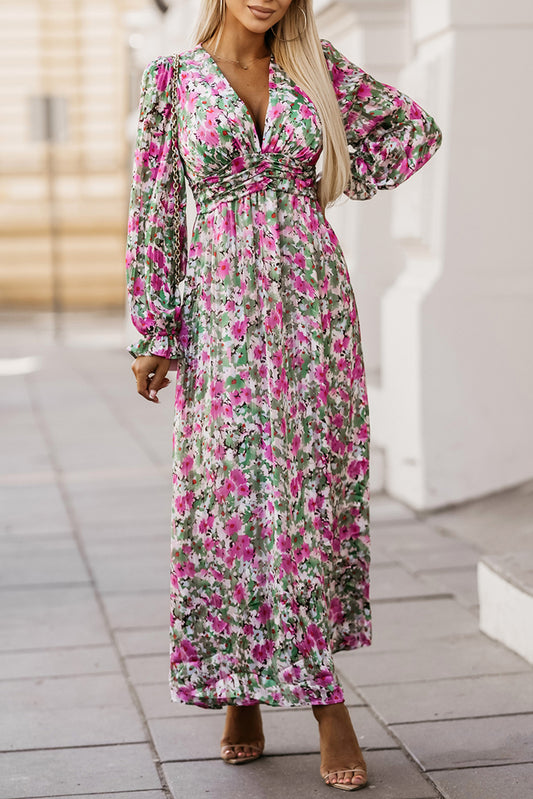 Pink Floral Print V Neck Maxi Dress