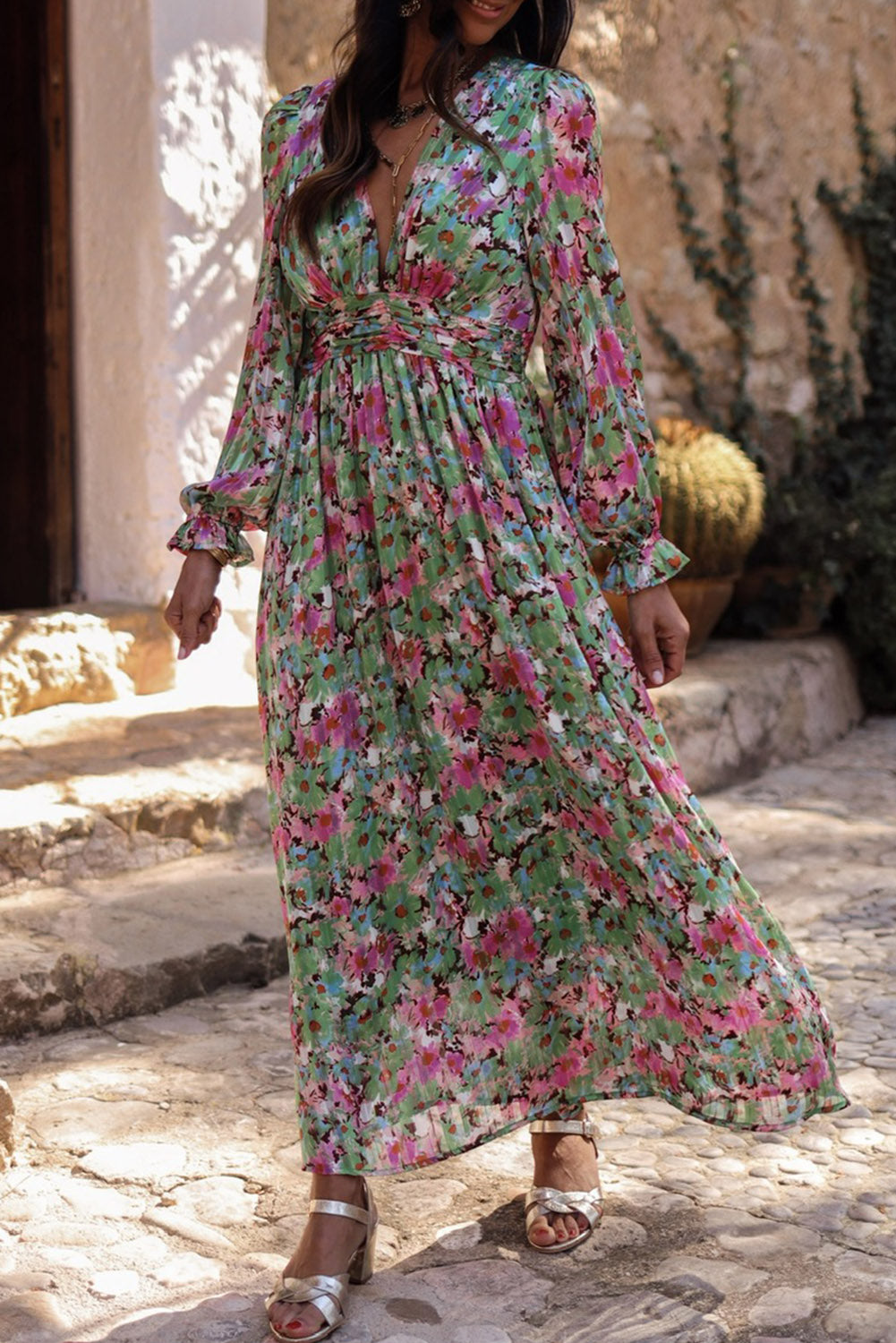 Pink Floral Print V Neck Maxi Dress