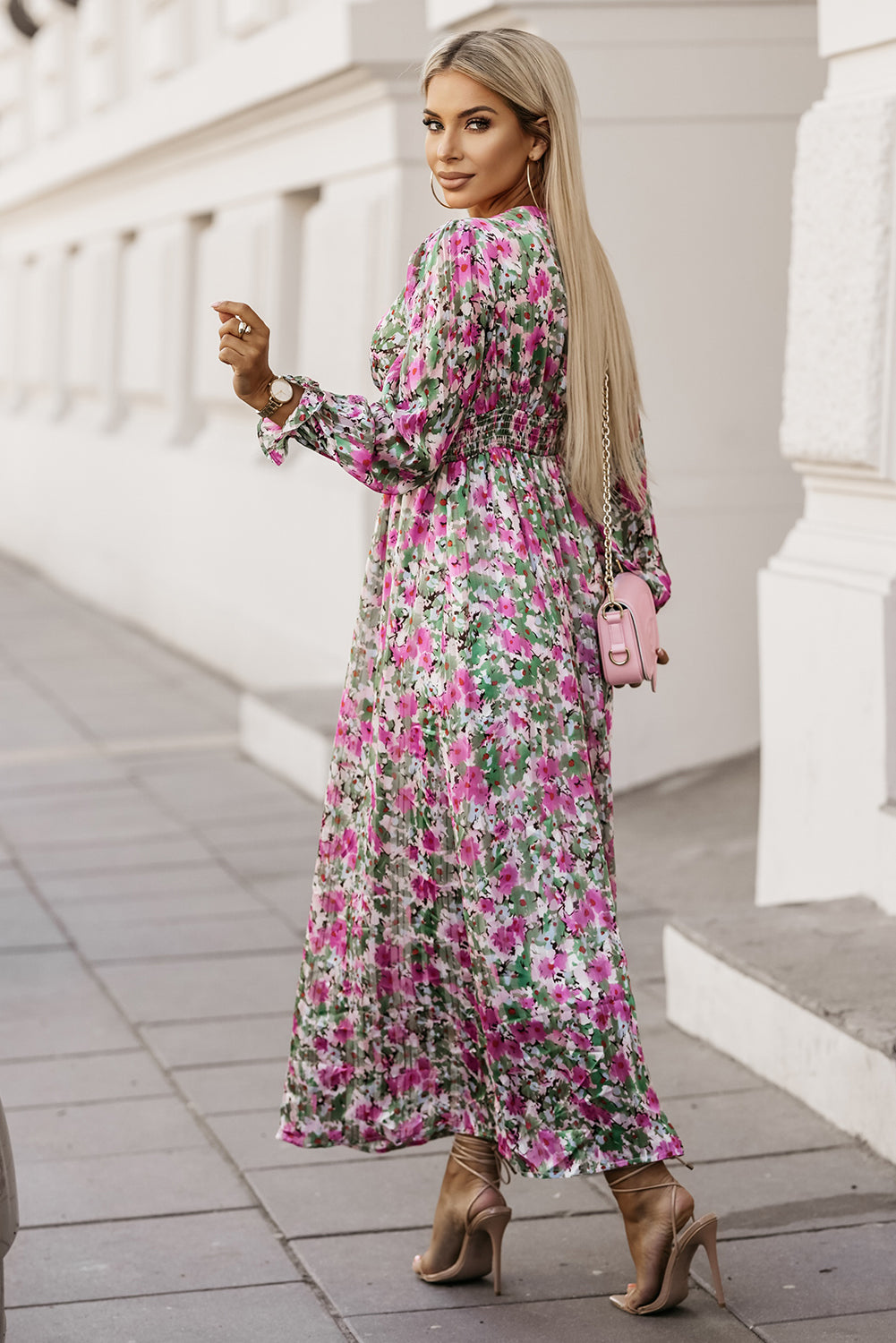 Pink Floral Print V Neck Maxi Dress