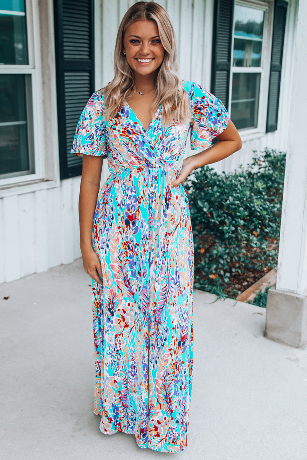 Blue Wrap V Neck Floral Maxi Dress