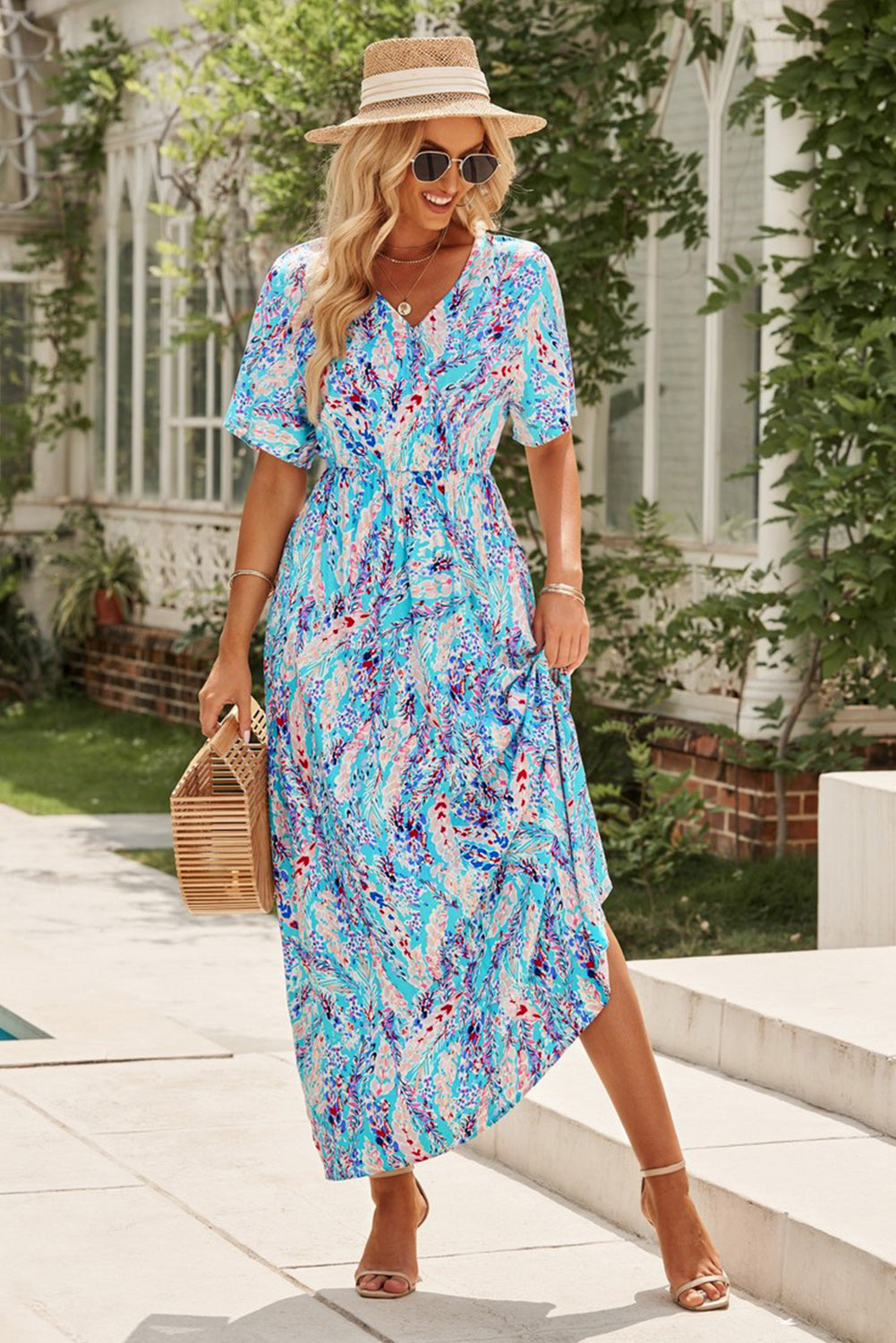 Blue Wrap V Neck Floral Maxi Dress