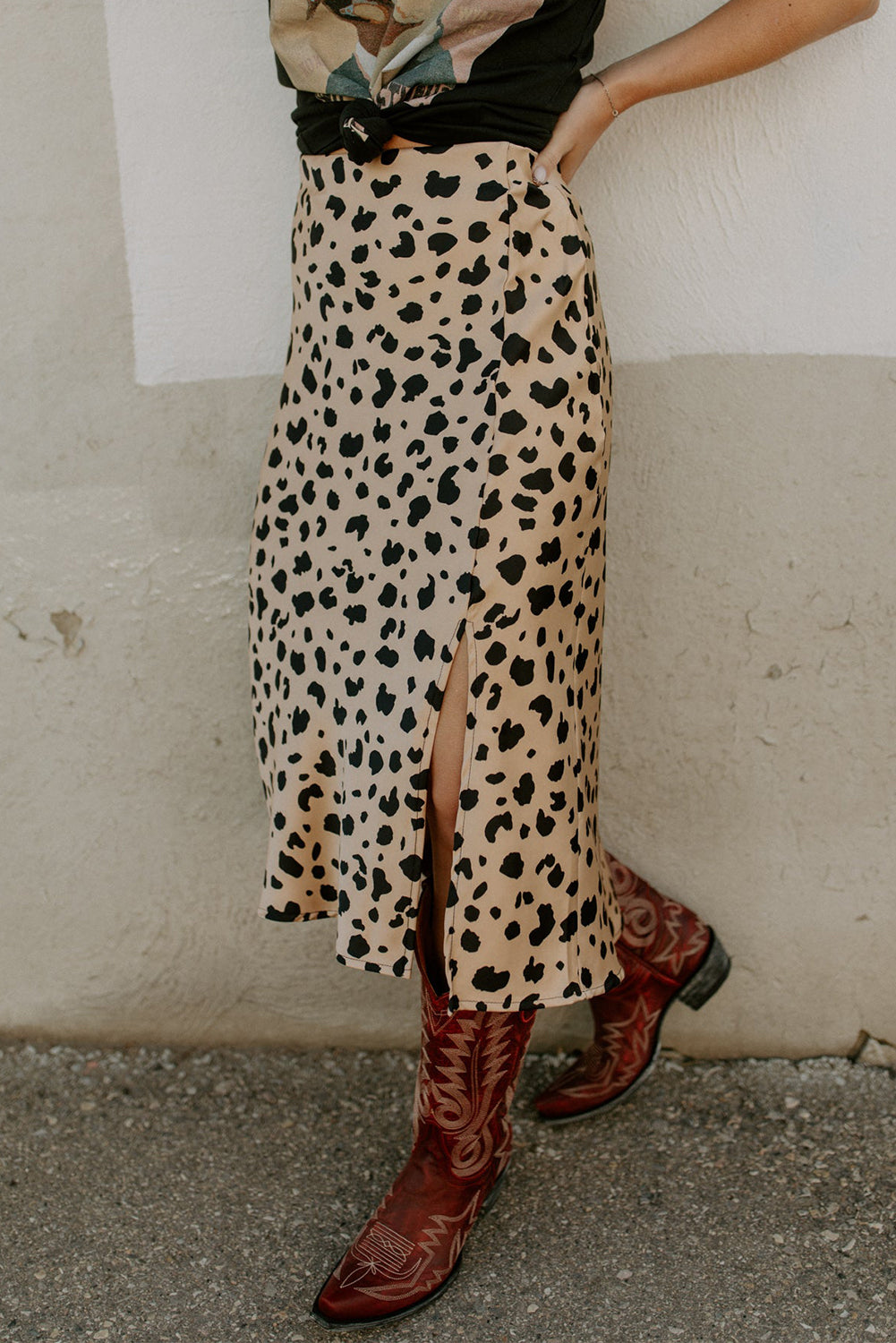 Khaki Leopard Spots Printed Midi Skirt