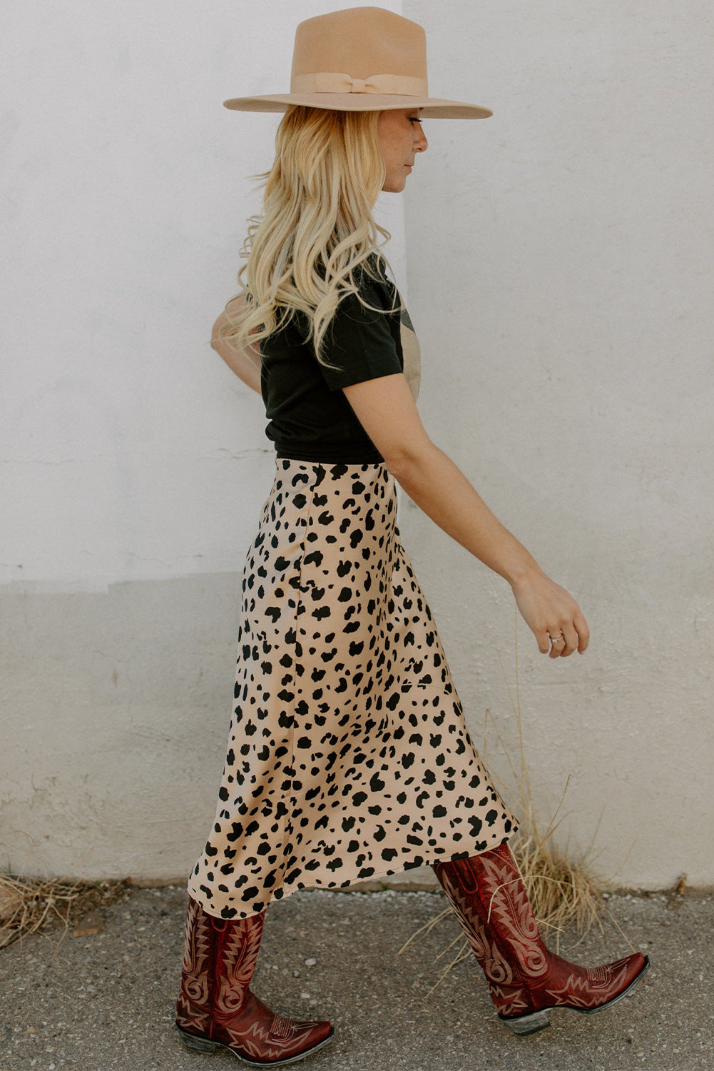 Khaki Leopard Spots Printed Midi Skirt