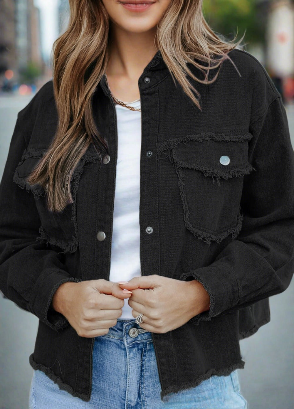 Oversized Black Distressed Flap Pockets Frayed Hemline Denim Jacket