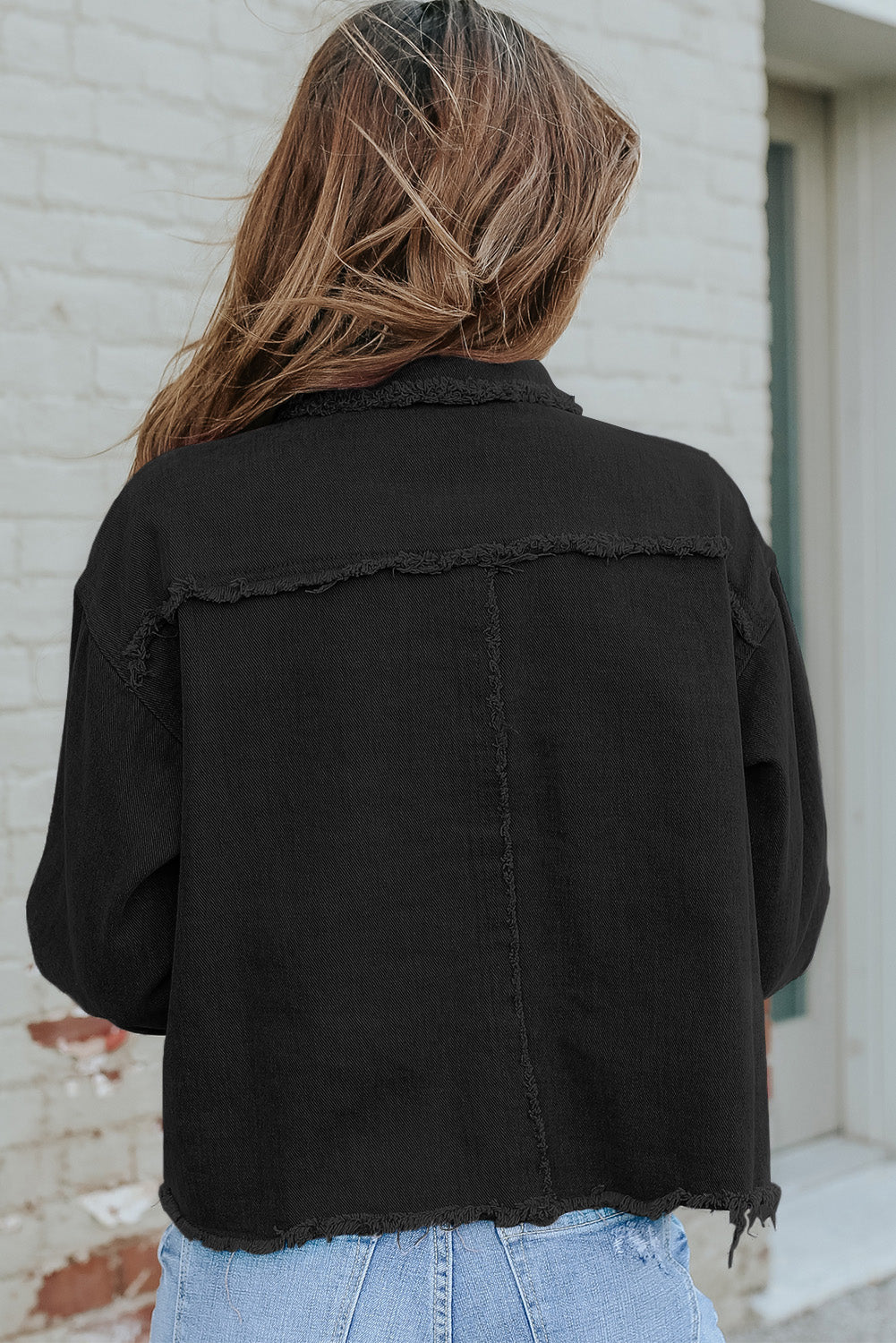 Oversized Black Distressed Flap Pockets Frayed Hemline Denim Jacket