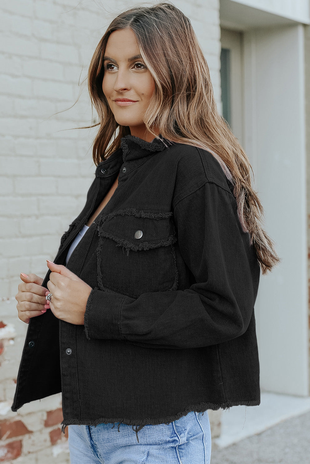 Oversized Black Distressed Flap Pockets Frayed Hemline Denim Jacket