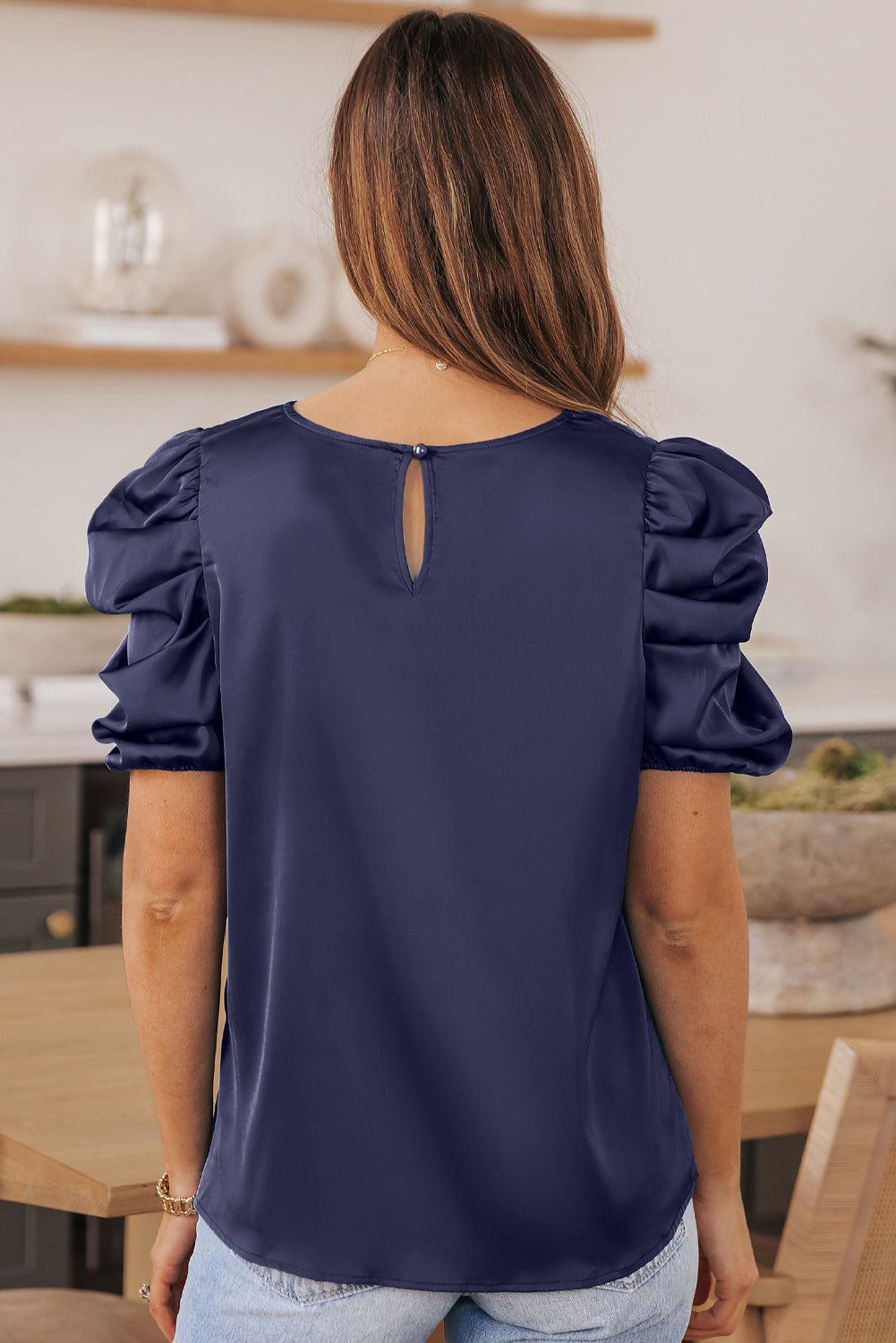 Blue/Dark Blue Ruched Puff Short Sleeve Satin Top