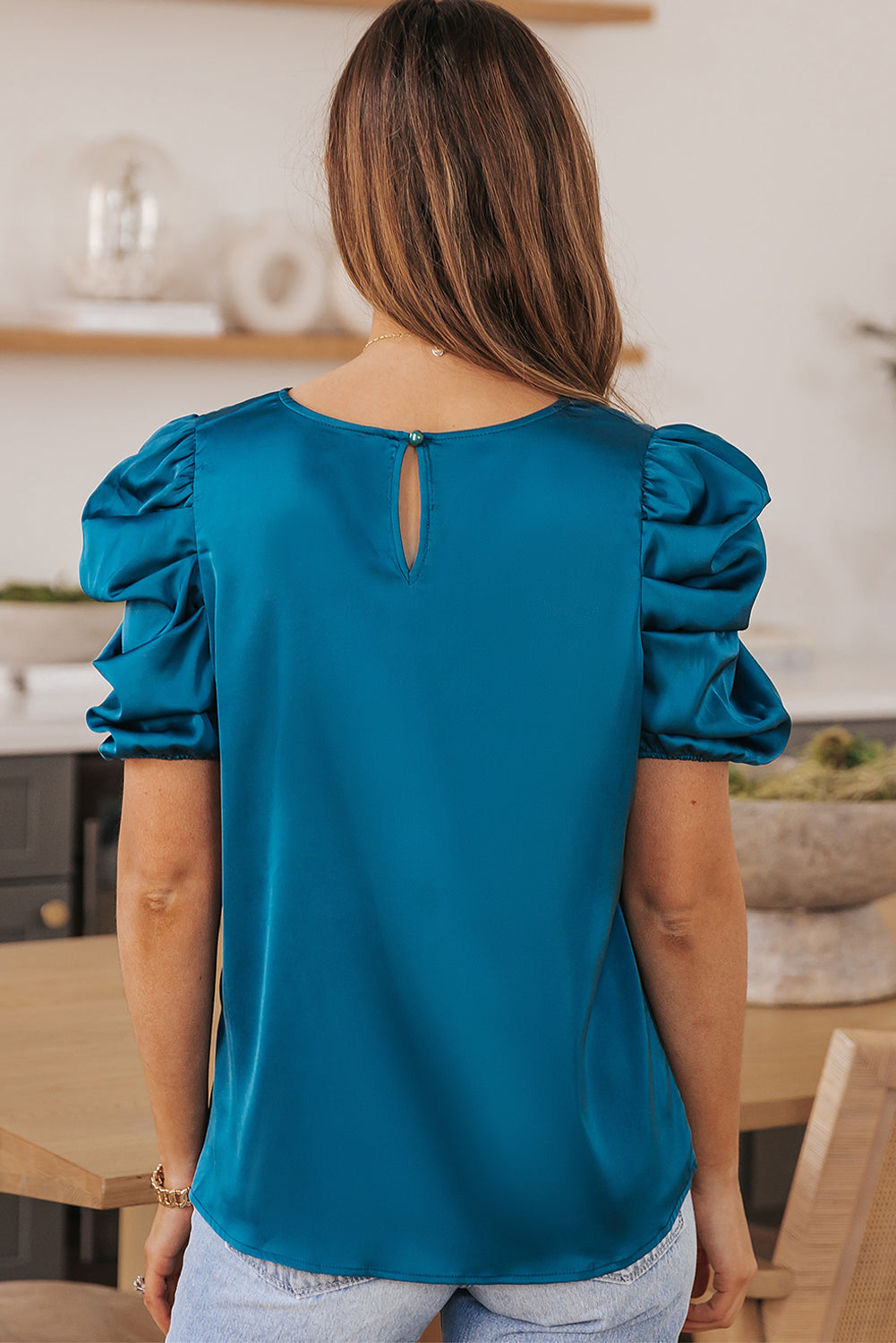 Blue/Dark Blue Ruched Puff Short Sleeve Satin Top