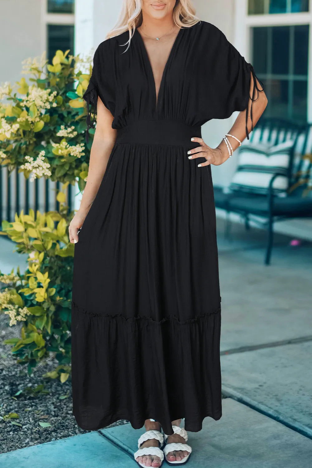 New Arrival, Black Drawstring Pleated Kimono Sleeve Ruffle Maxi Dress