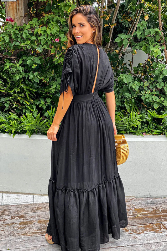 New Arrival, Black Drawstring Pleated Kimono Sleeve Ruffle Maxi Dress