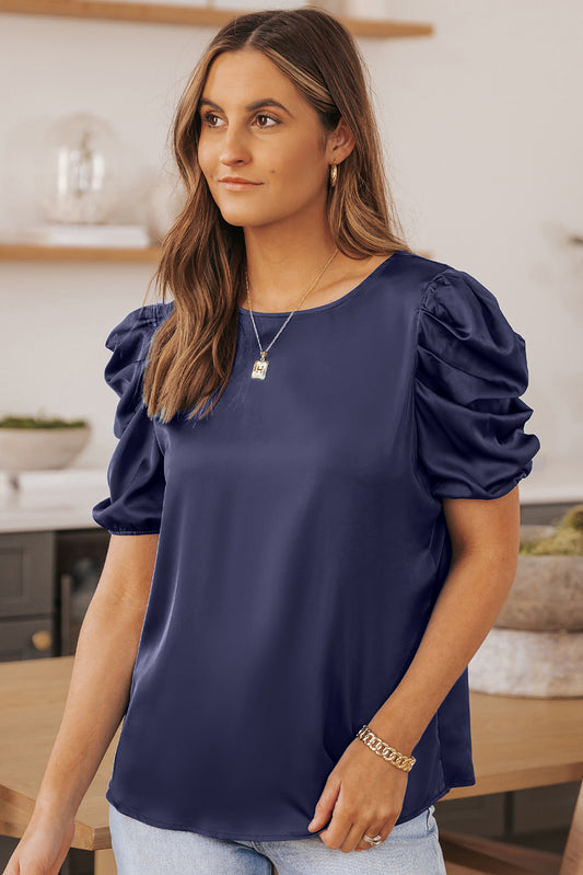 Blue/Dark Blue Ruched Puff Short Sleeve Satin Top